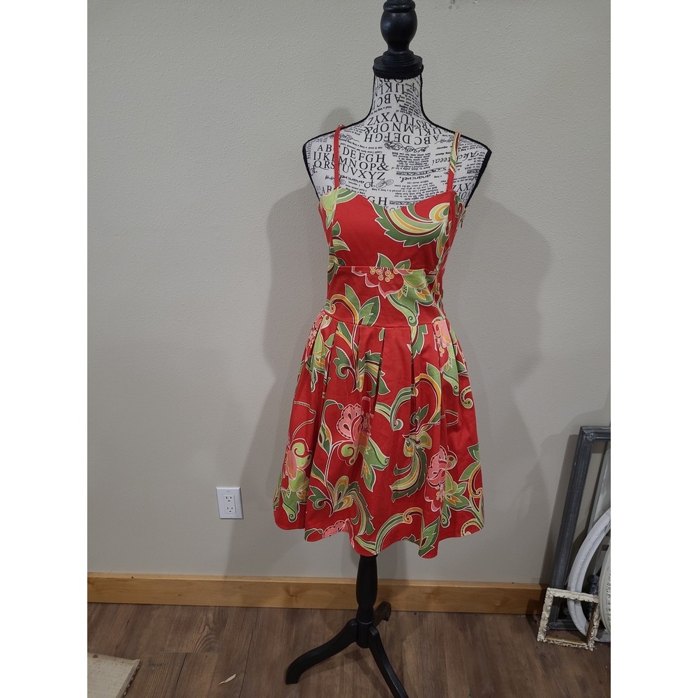 Aryeh Coquette‎ red floral fit and flare dress Women SZ M pockets vacation party